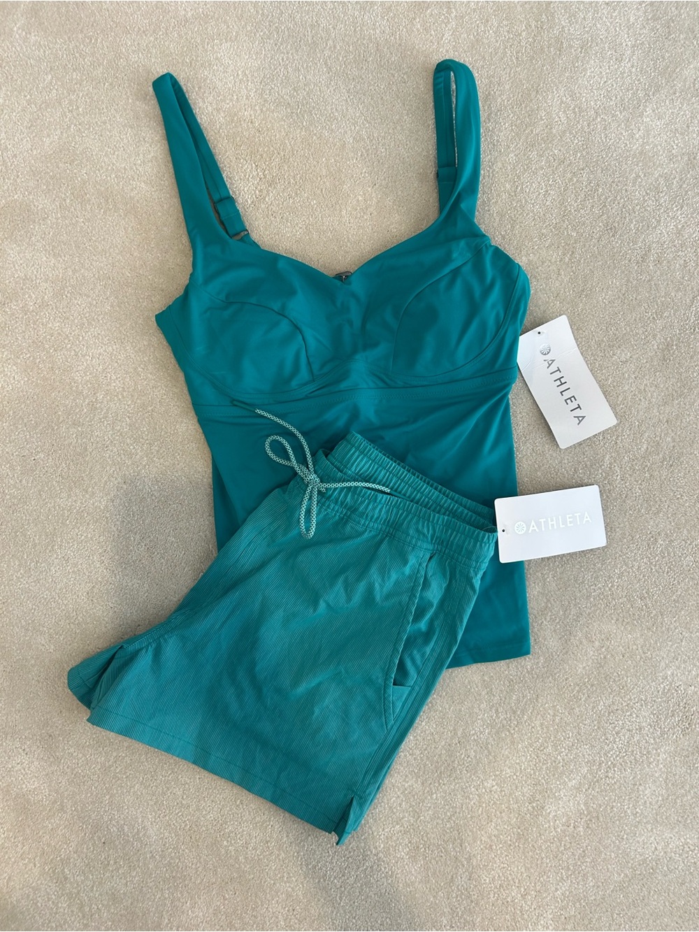 Athleta Teal Tankini Top with Drawstring Swim Shorts